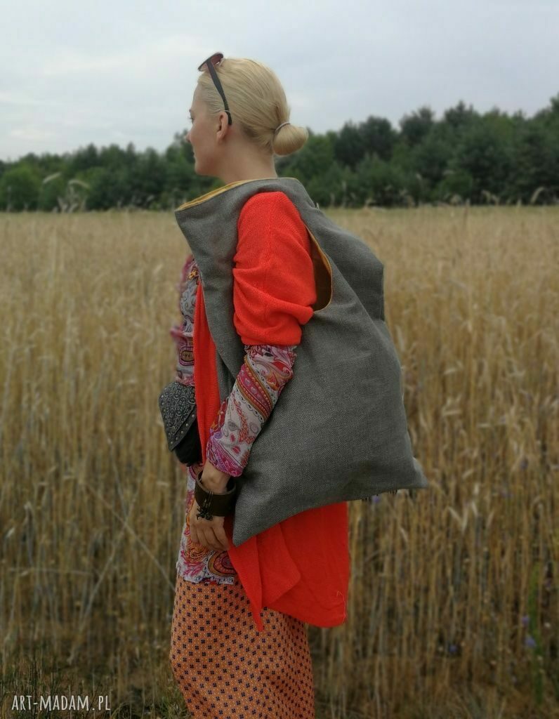 Duża torba boho etno na ramię 65x45 - szara z żółtą podszewką