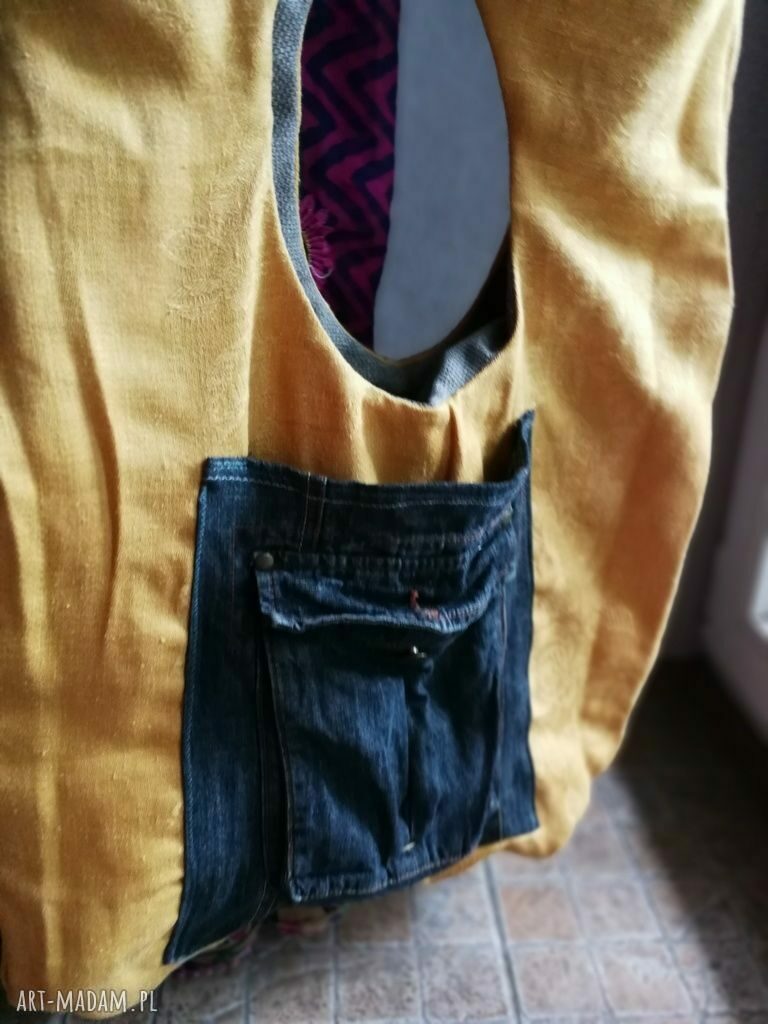 Duża torba boho etno na ramię 65x45 - szara z żółtą podszewką