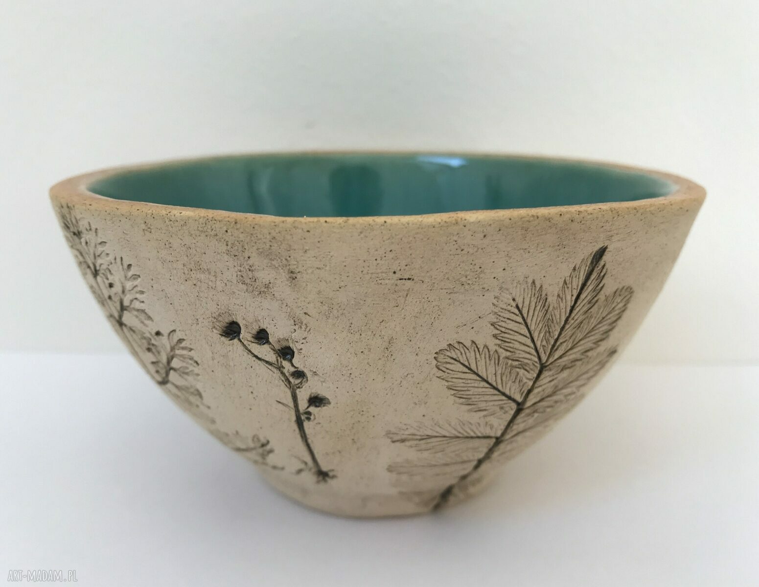 Miseczka ceramiczna Organic z turkusowym szkliwem i odbiciem roślin - Ceramika Ana