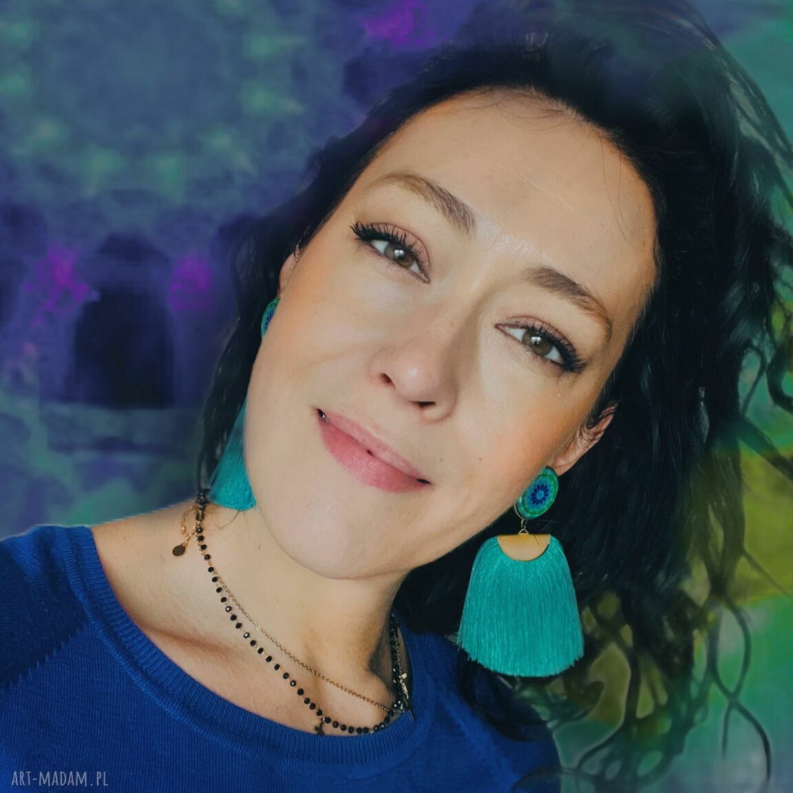 Klipsy Oriana z chwostami boho w głębokim turkusie