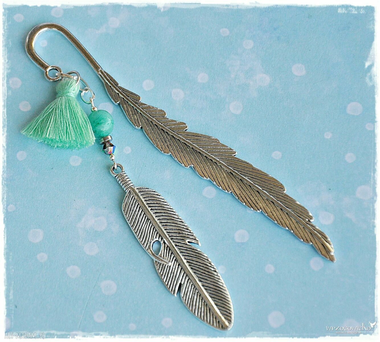 Orientalne pióra zakładka z miętowym chwostem ręcznie wykonane