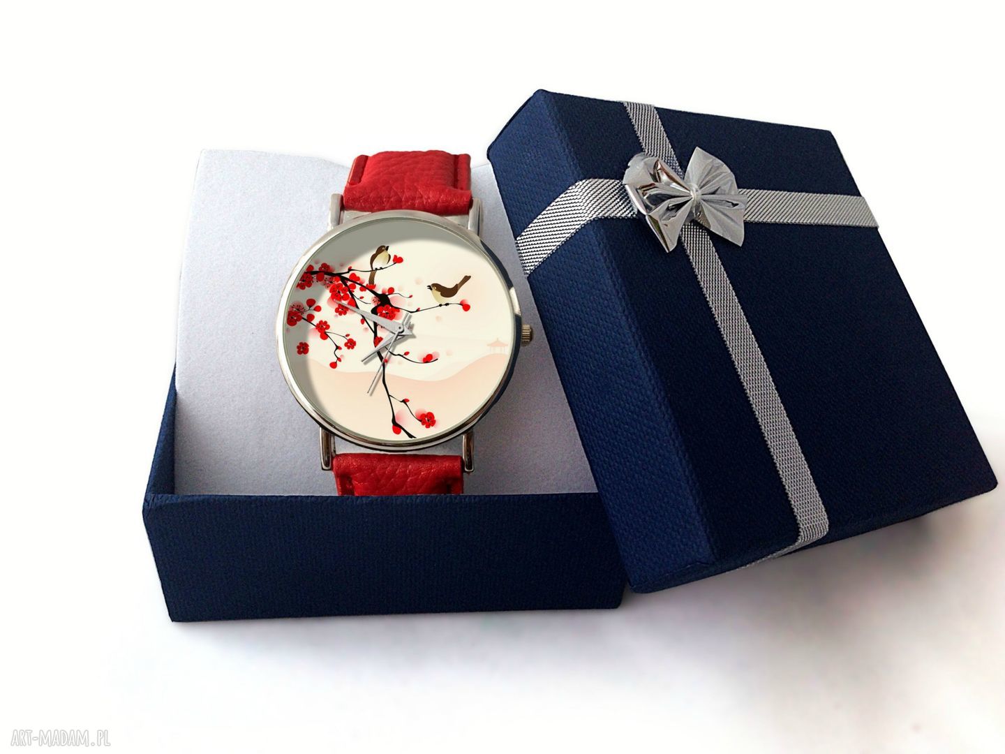 Orientalne ptaszki - skórzany zegarek z dużą tarczą 36 mm