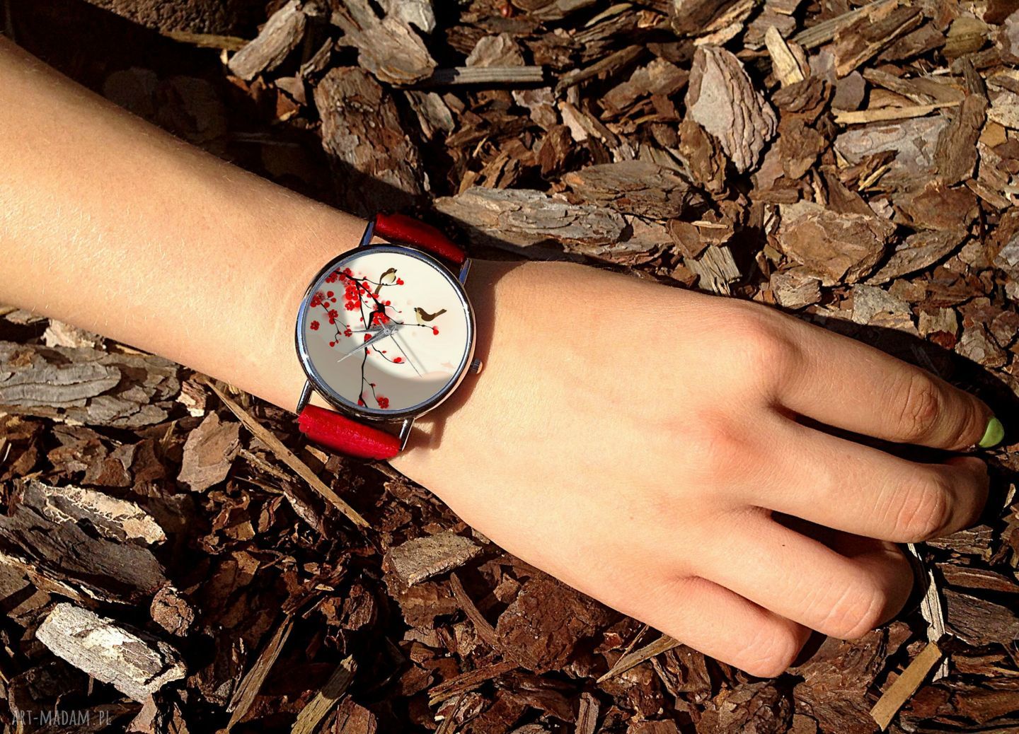 Orientalne ptaszki - skórzany zegarek z dużą tarczą 36 mm