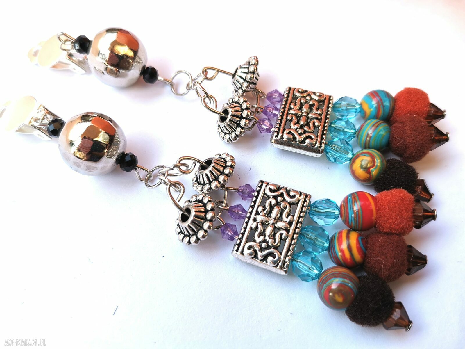 Orientalne klipsy boho folk Frida - ręcznie robione frędzle (box x1)