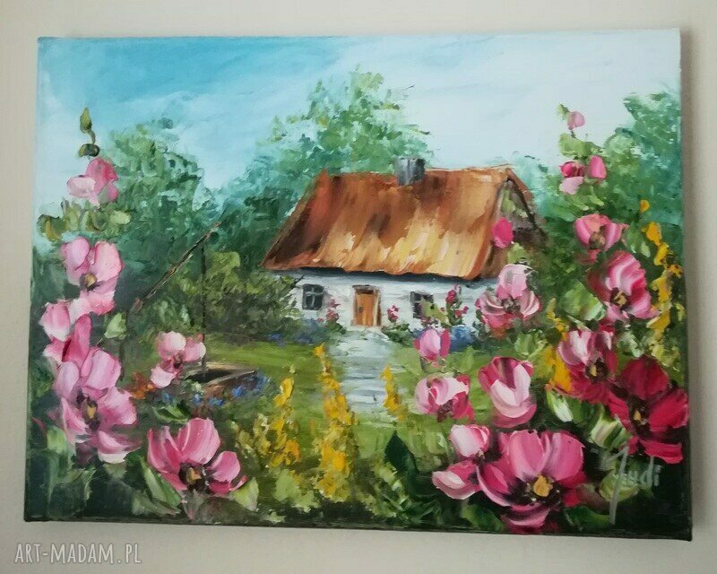 Olejny obraz Niezapominajki 18 x 24 cm - sygnowany i werniksowany