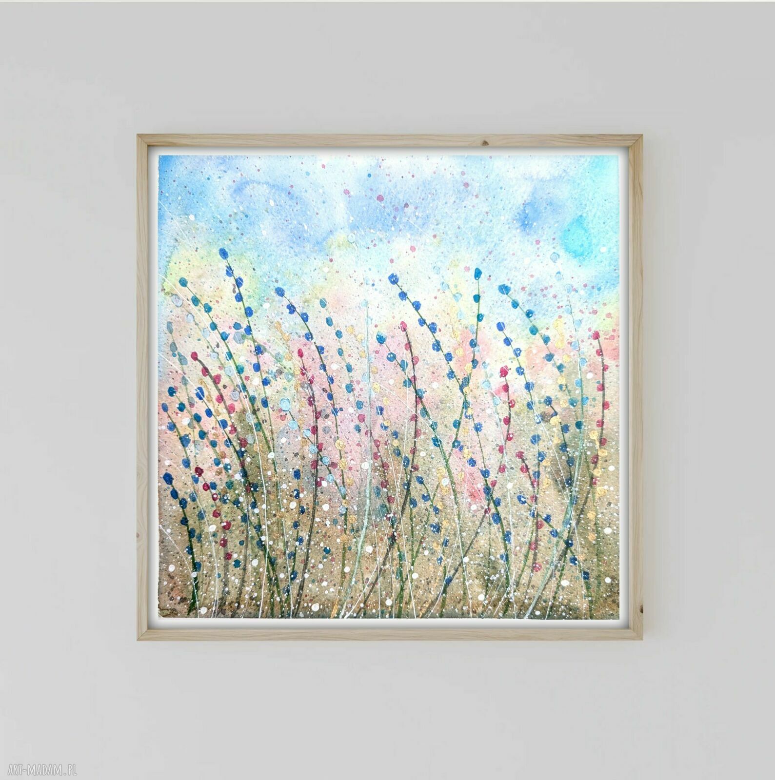 Oryginalna akwarela 23x23 cm - łąka, trawy i kwiaty w turkusie