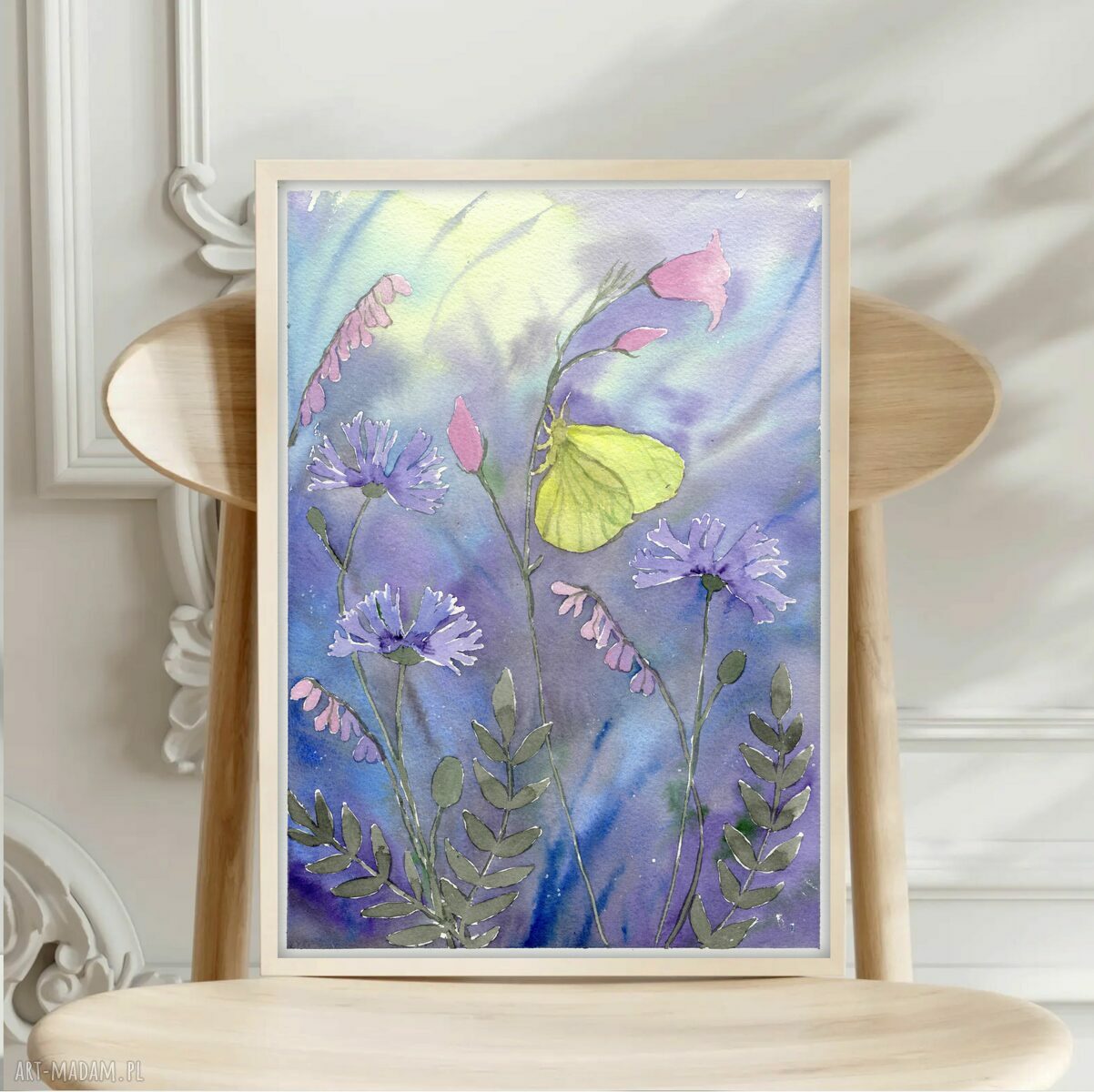 Oryginalna akwarela A4 Motyl cytrynek i kwiaty