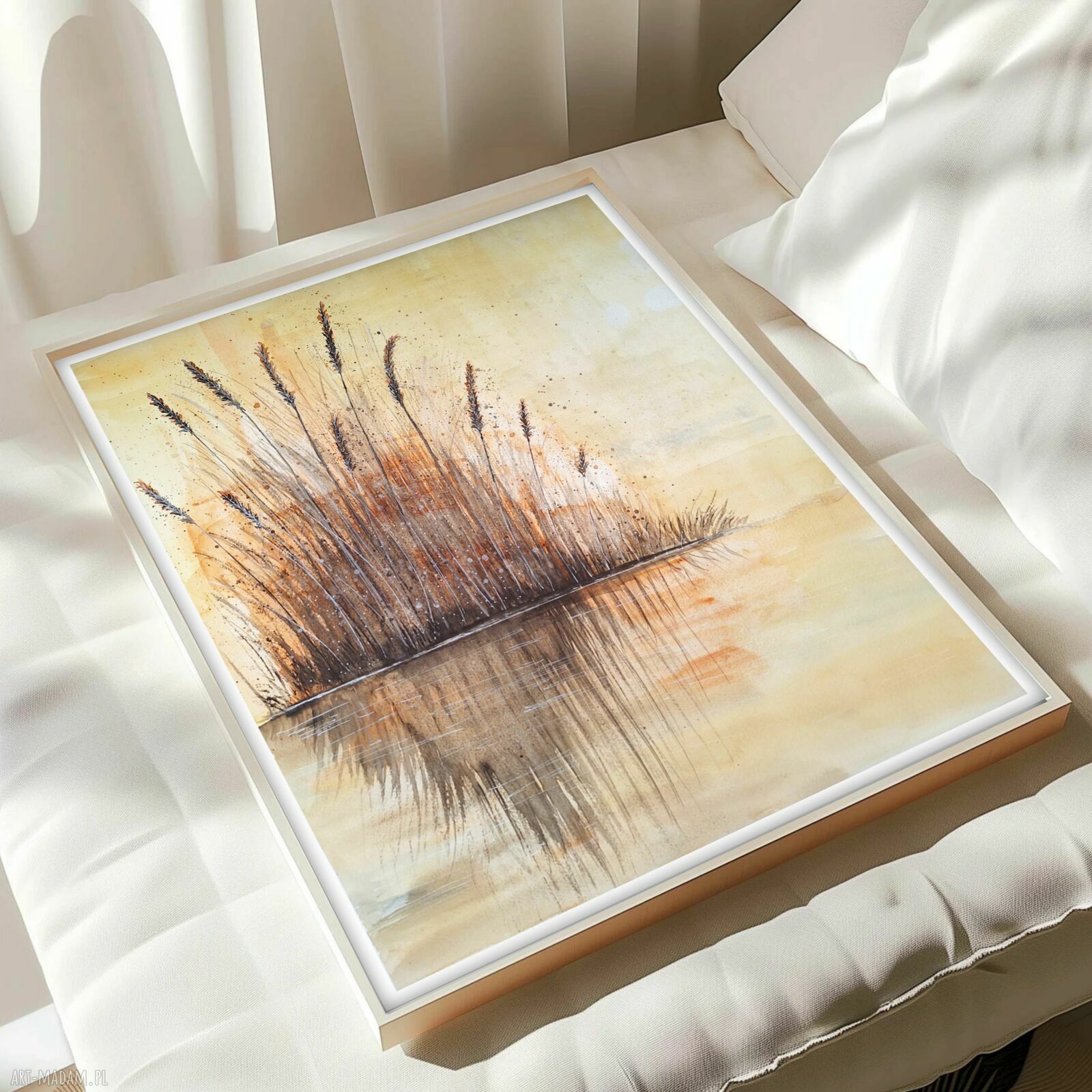 Oryginalna akwarela Szuwary 40x50 cm - ręcznie malowana trawa i woda