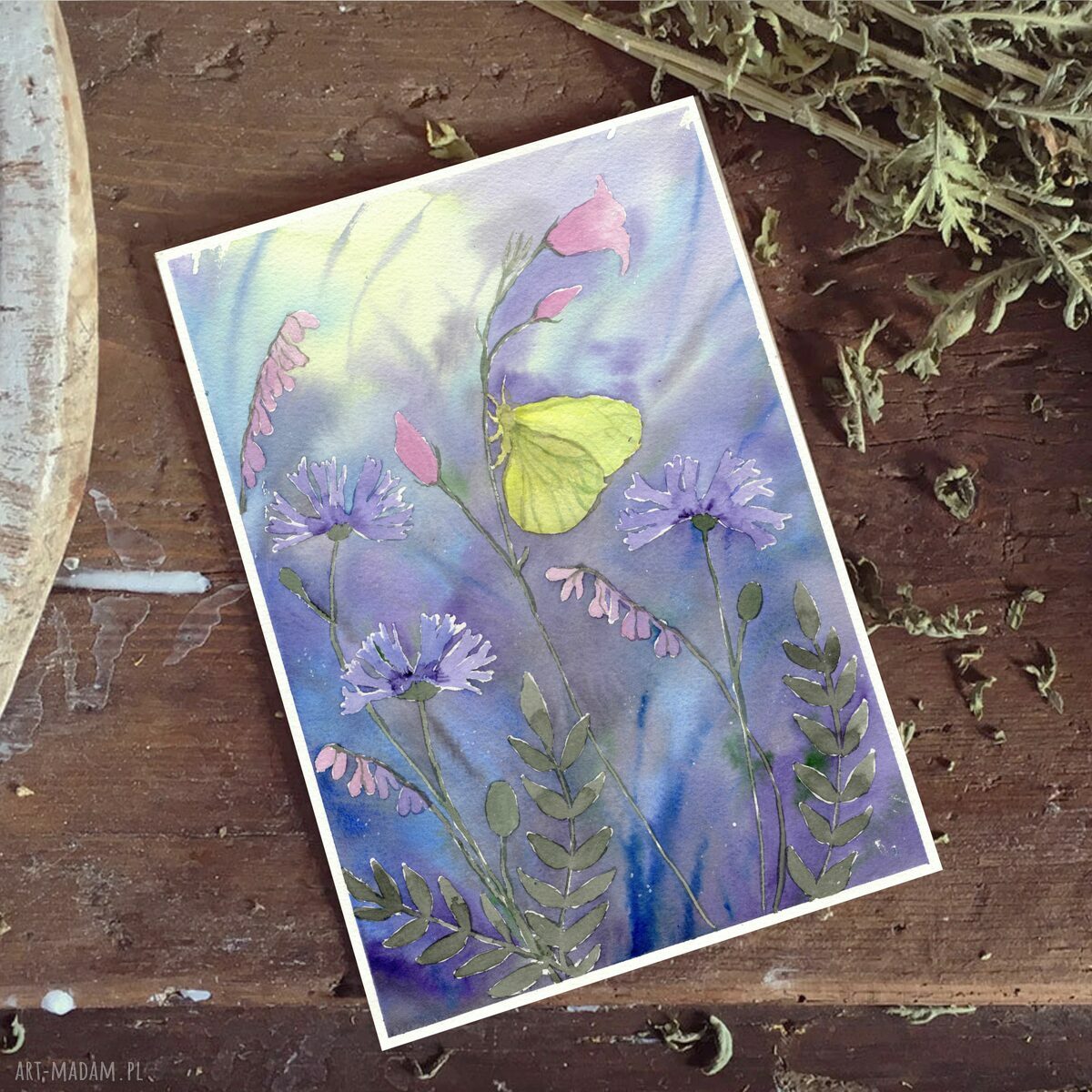 Oryginalna akwarela A4 Motyl cytrynek i kwiaty