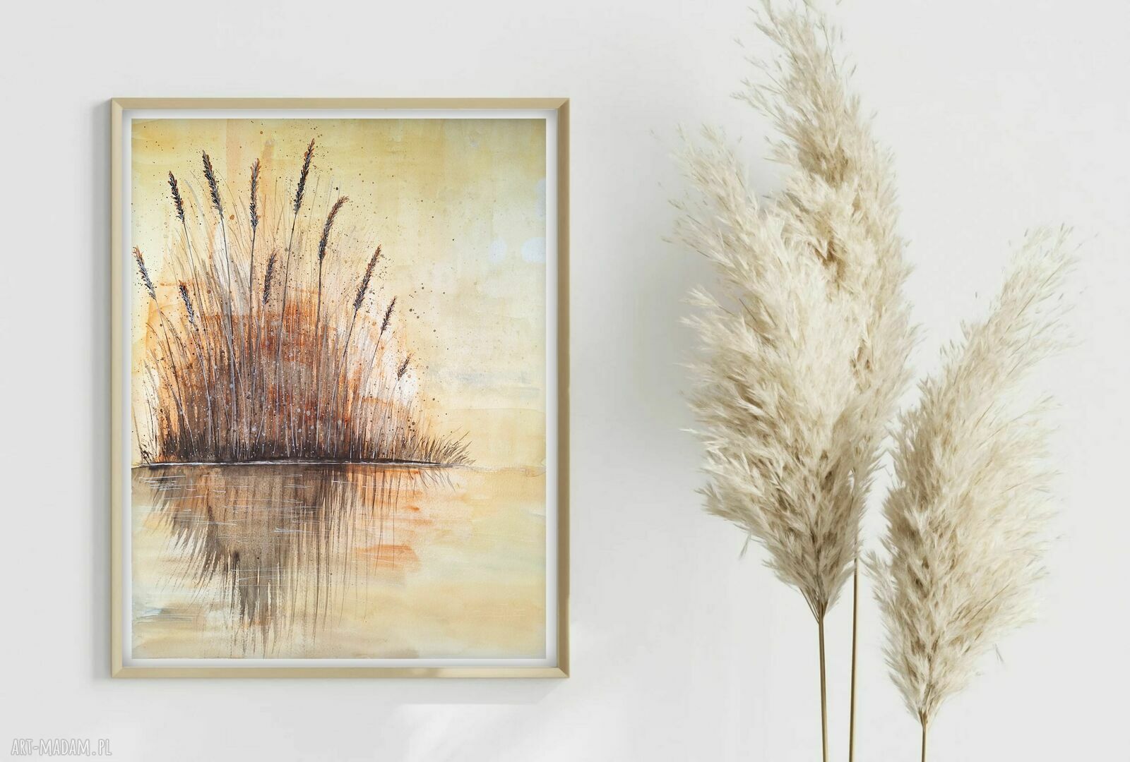 Oryginalna akwarela Szuwary 40x50 cm - ręcznie malowana trawa i woda