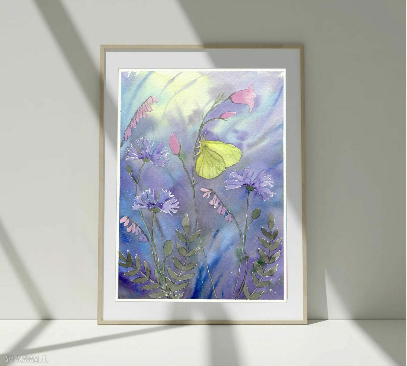 Oryginalna akwarela A4 Motyl cytrynek i kwiaty