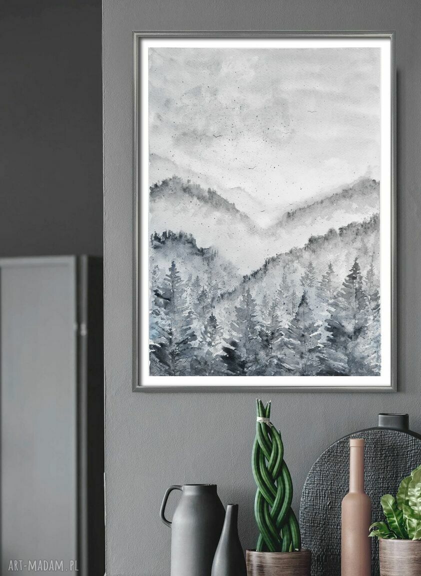 Oryginalna akwarela 30x40 cm - Góry, las i ptaki