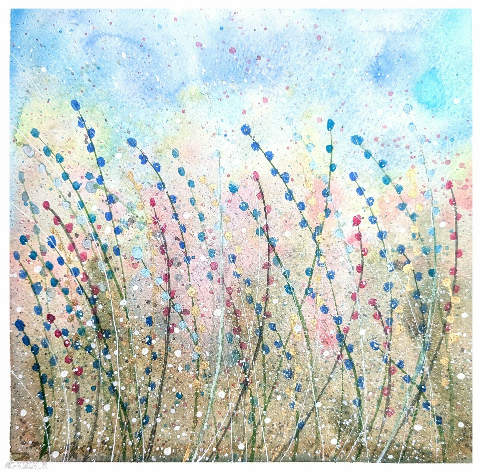Oryginalna akwarela 23x23 cm - łąka, trawy i kwiaty w turkusie