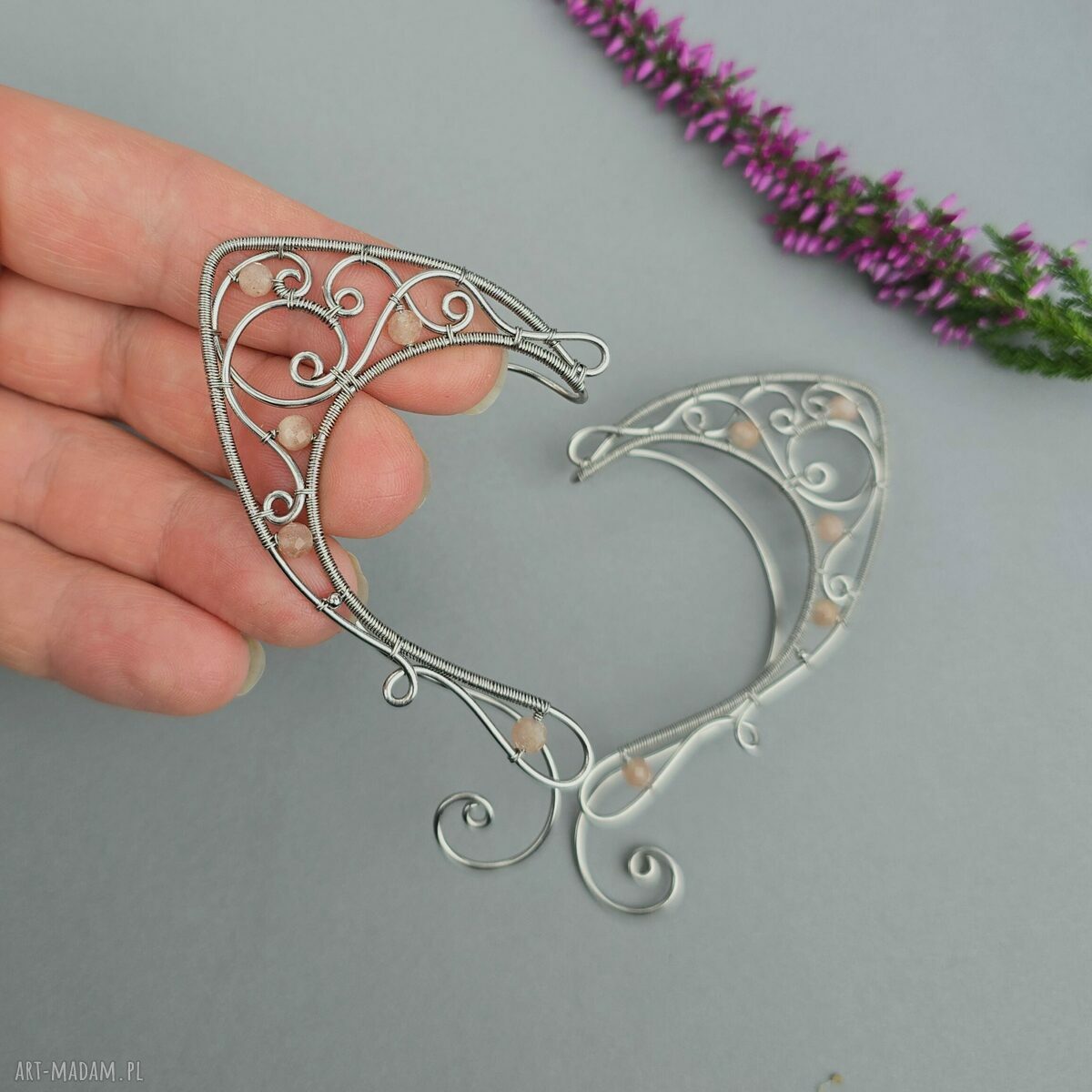 Oryginalne nausznice elfie uszy z kamieniem słonecznym (wire wrapping)