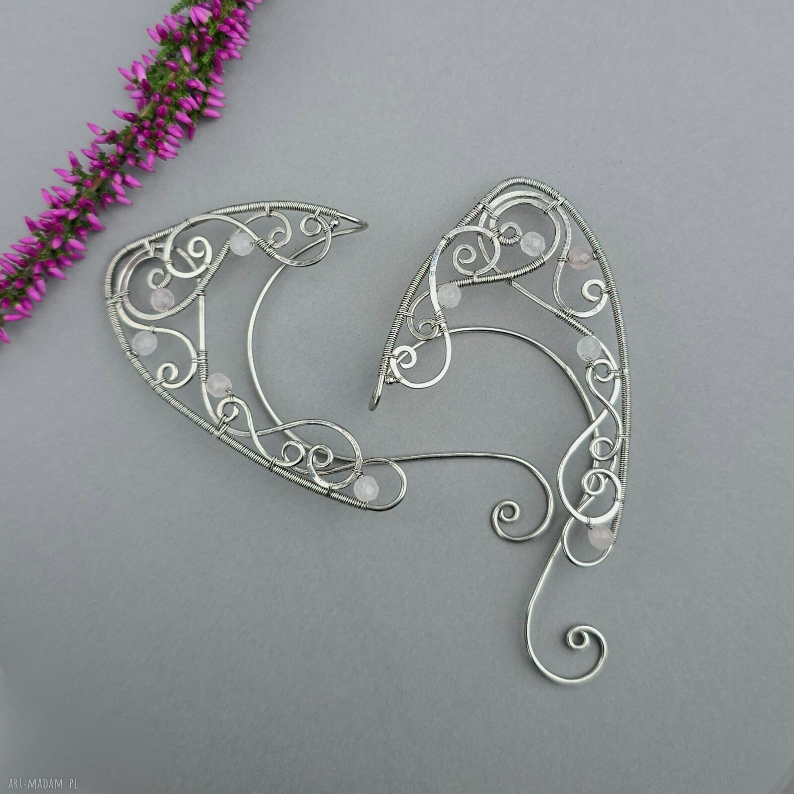 Oryginalne nausznice elfie uszy z kamieniem księżycowym - wire wrapping