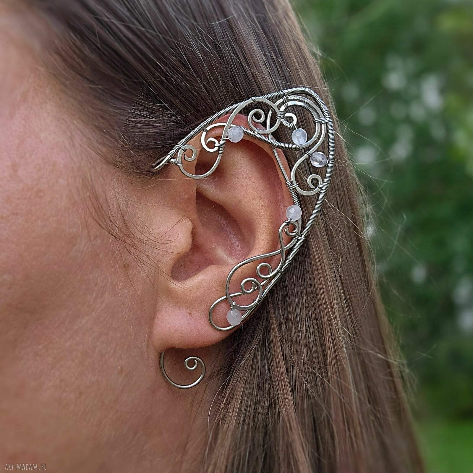 Oryginalne nausznice elfie uszy z kamieniem księżycowym - wire wrapping