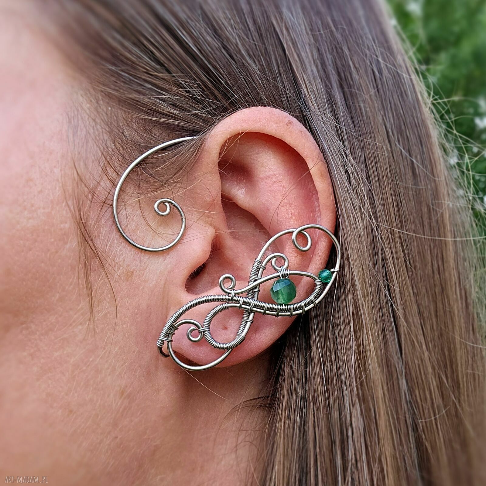 Oryginalne nausznice z zielonym agatem - wire wrapping