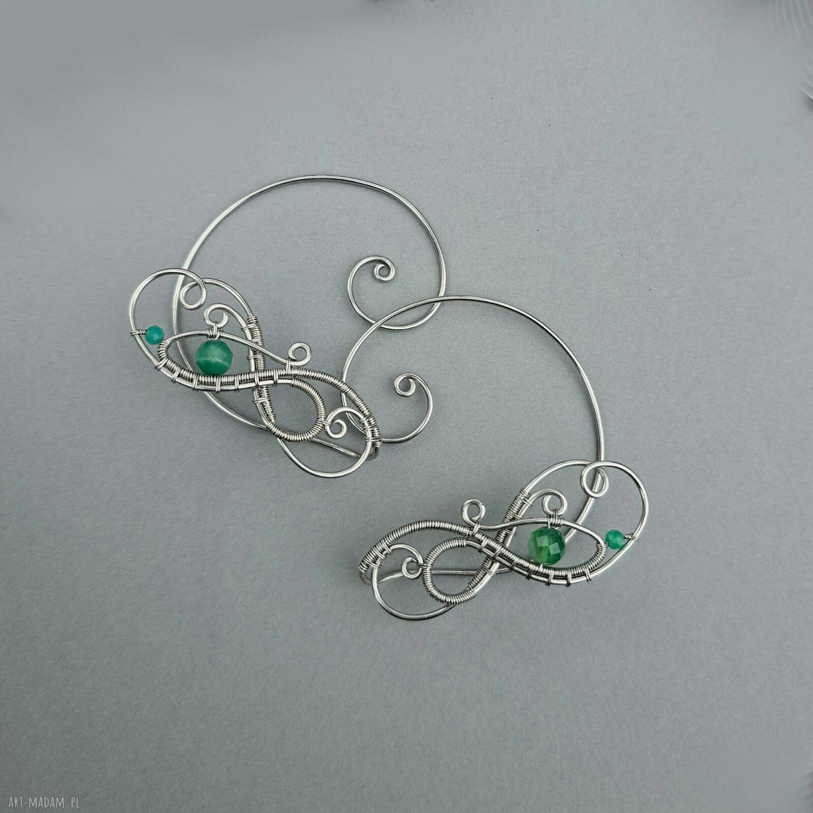 Oryginalne nausznice z zielonym agatem - wire wrapping