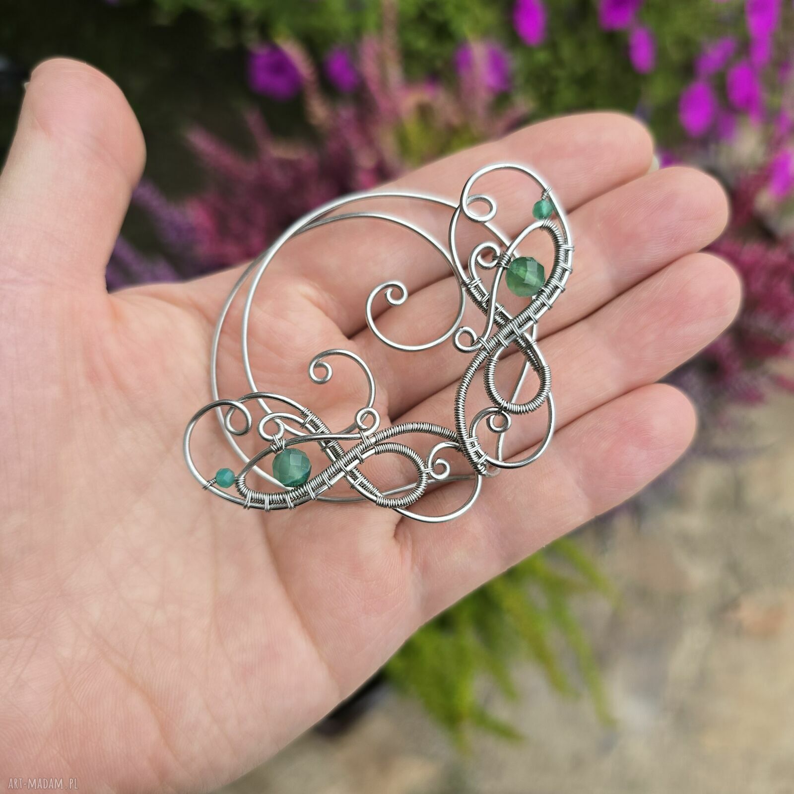 Oryginalne nausznice z zielonym agatem - wire wrapping