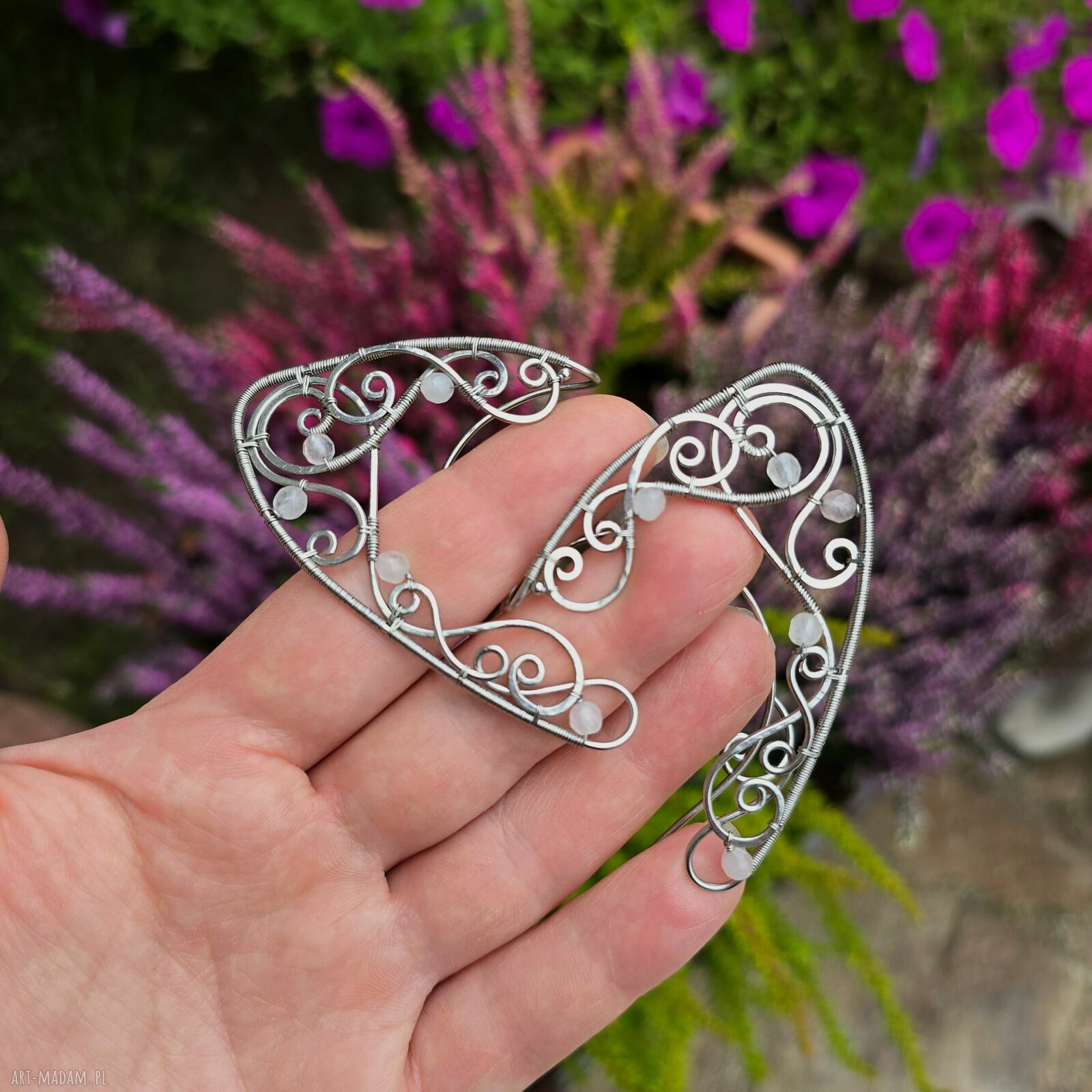 Oryginalne nausznice elfie uszy z kamieniem księżycowym - wire wrapping