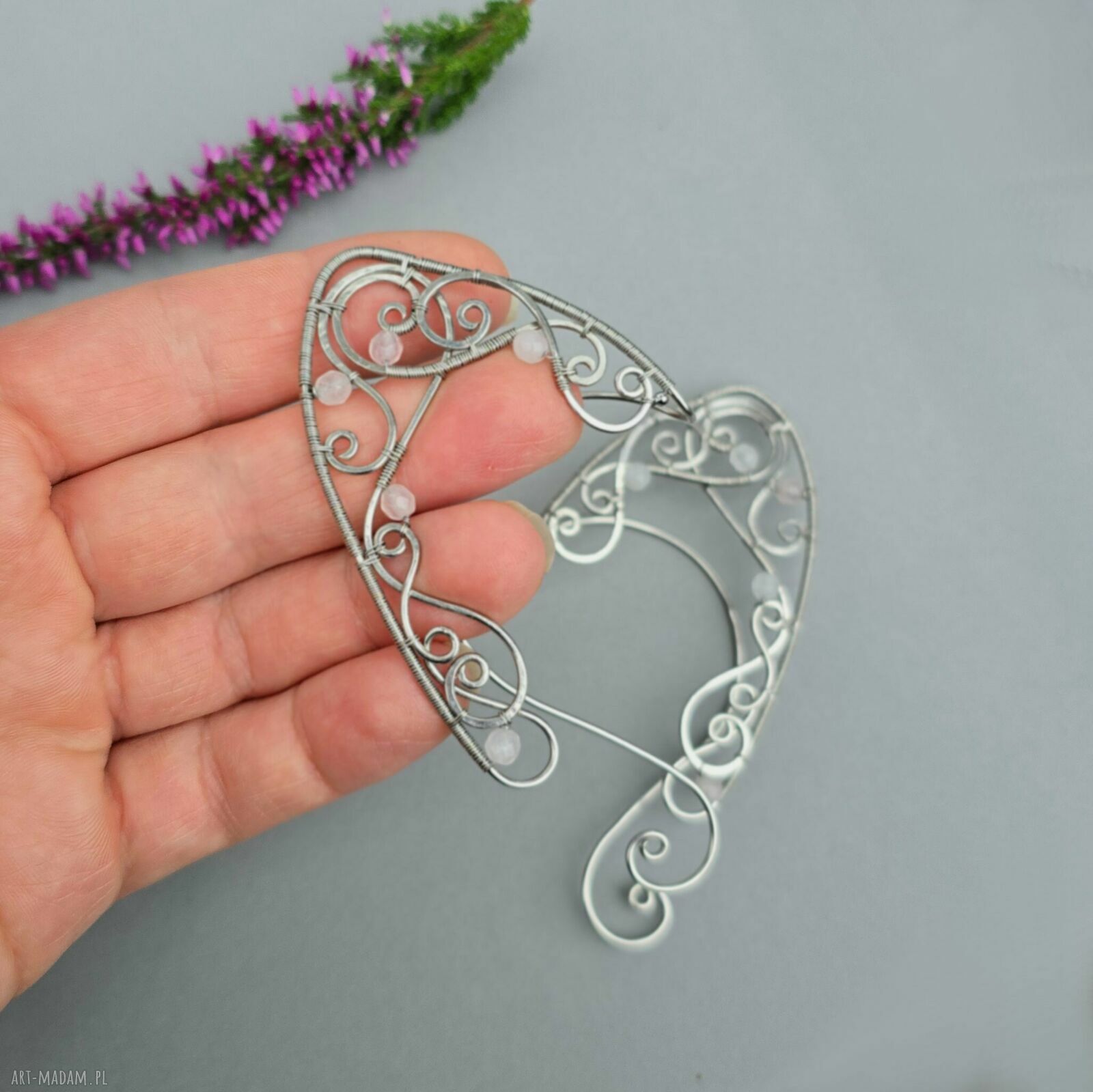 Oryginalne nausznice elfie uszy z kamieniem księżycowym - wire wrapping