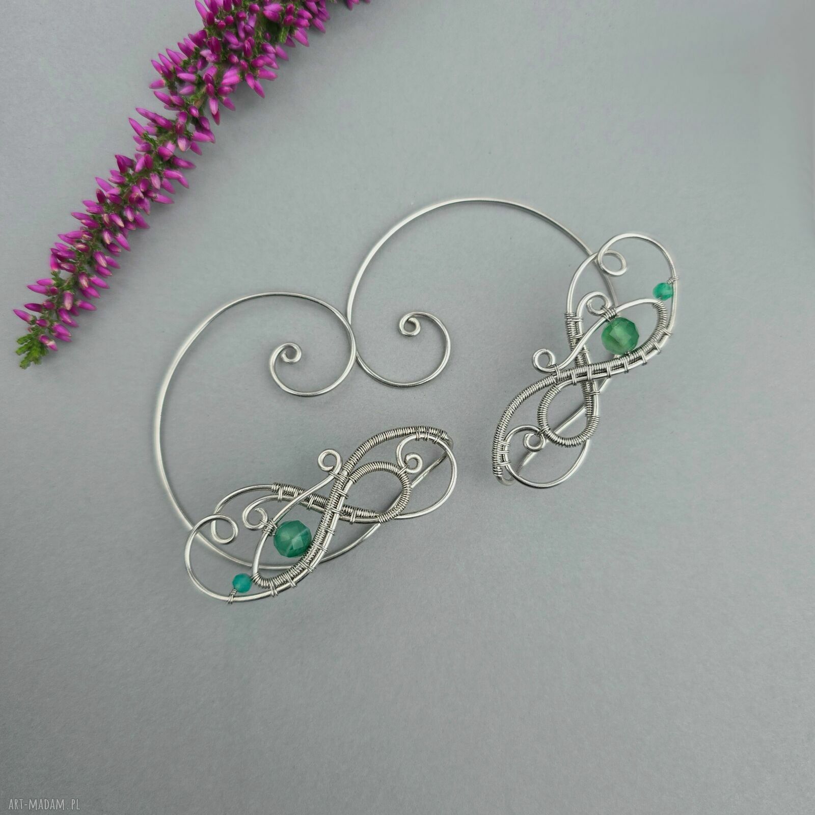 Oryginalne nausznice z zielonym agatem - wire wrapping