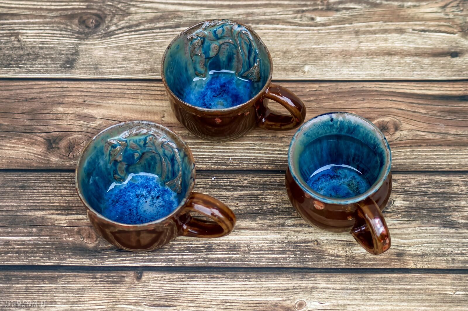Oryginalny, duży kubek z koniem - rękodzieło ceramiczne Azul Horse (brąz i niebieski)