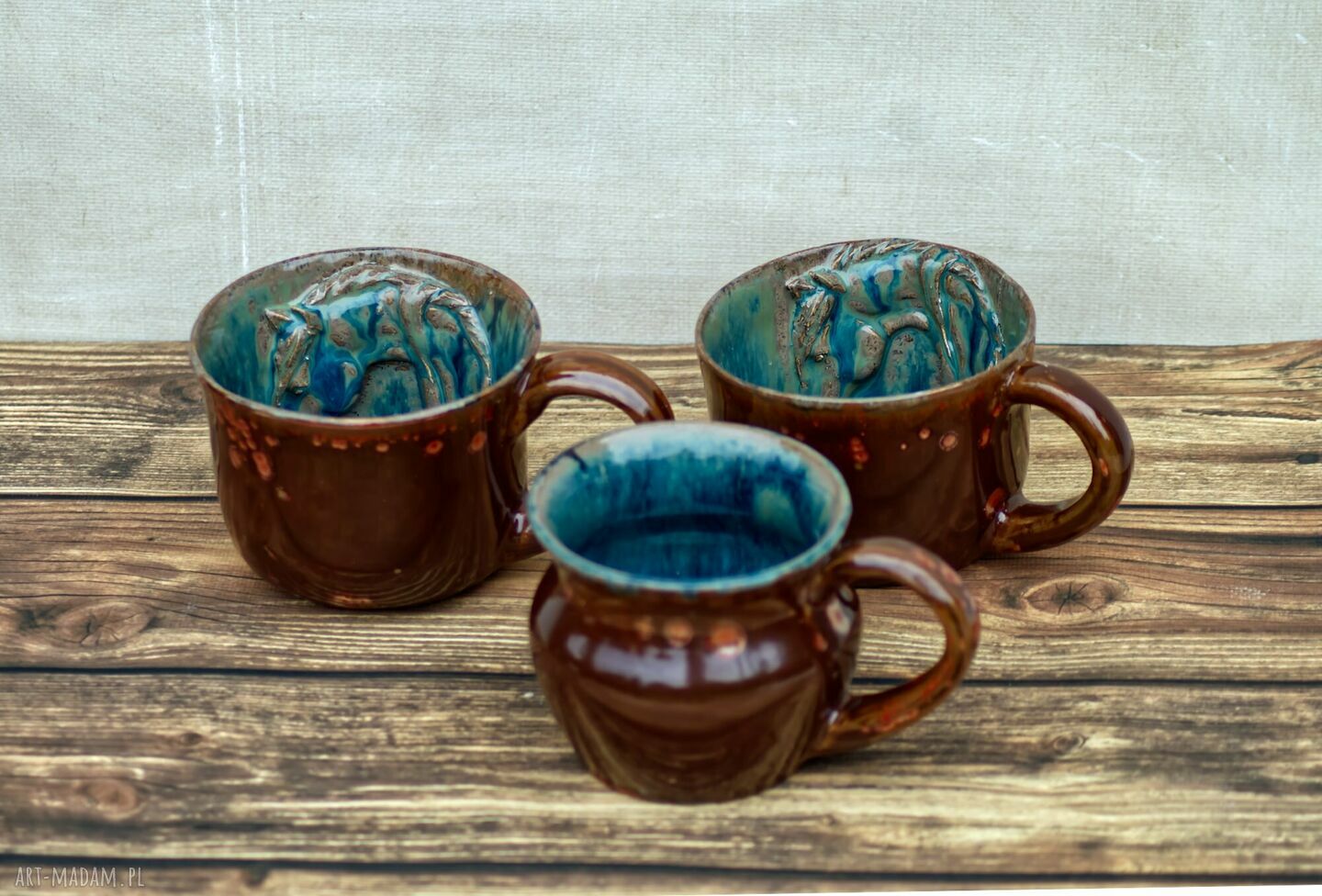 Oryginalny, duży kubek z koniem - rękodzieło ceramiczne Azul Horse (brąz i niebieski)