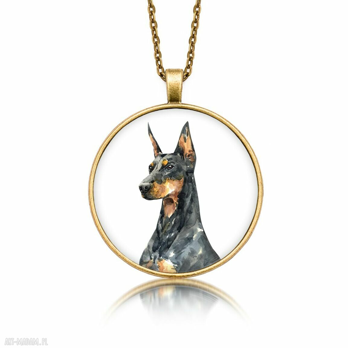 Medalion okrągły z grafiką Doberman - ręcznie robiony naszyjnik, antyczne złoto