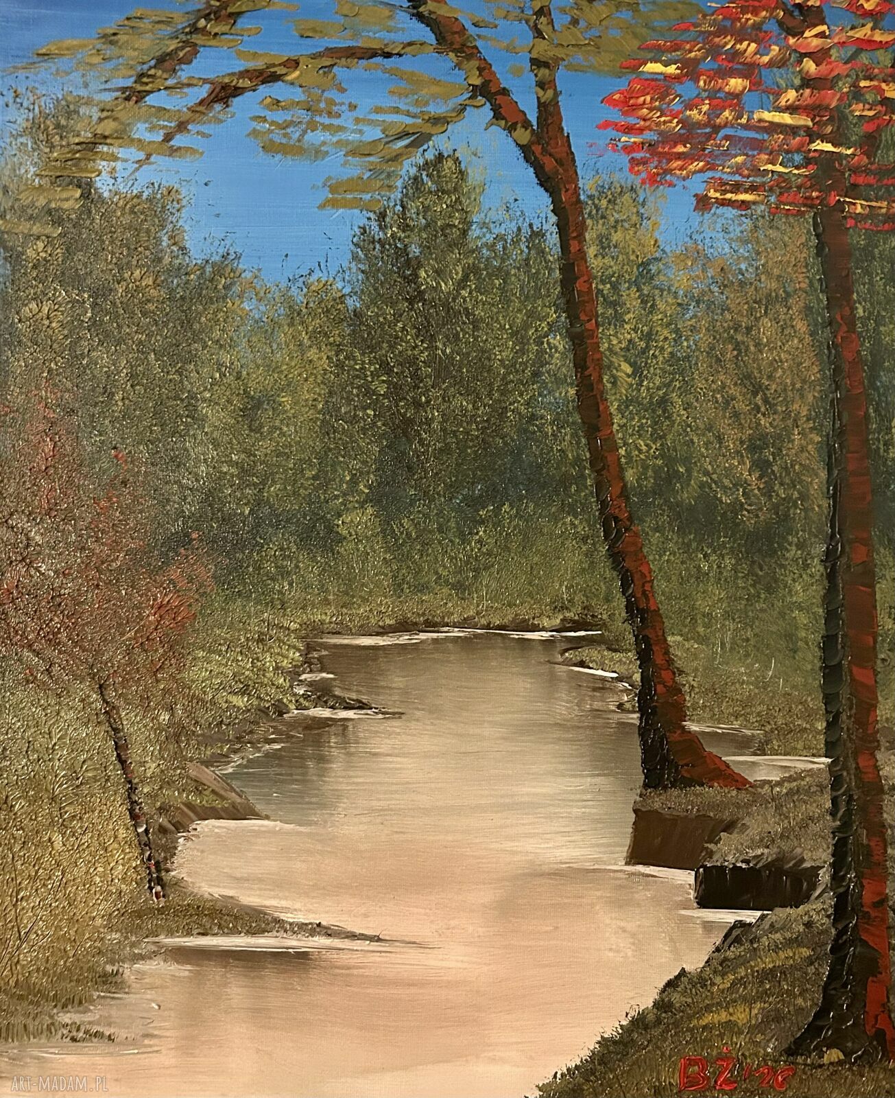 Oryginalny obraz olejny - jesienny pejzaż z rzeką 40x50 cm