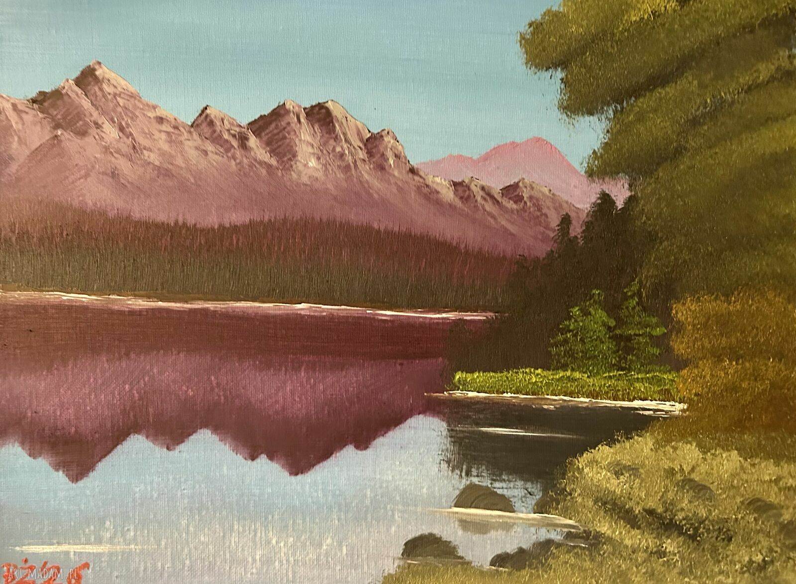 Oryginalny obraz olejny z górskim jeziorem 30x40 cm
