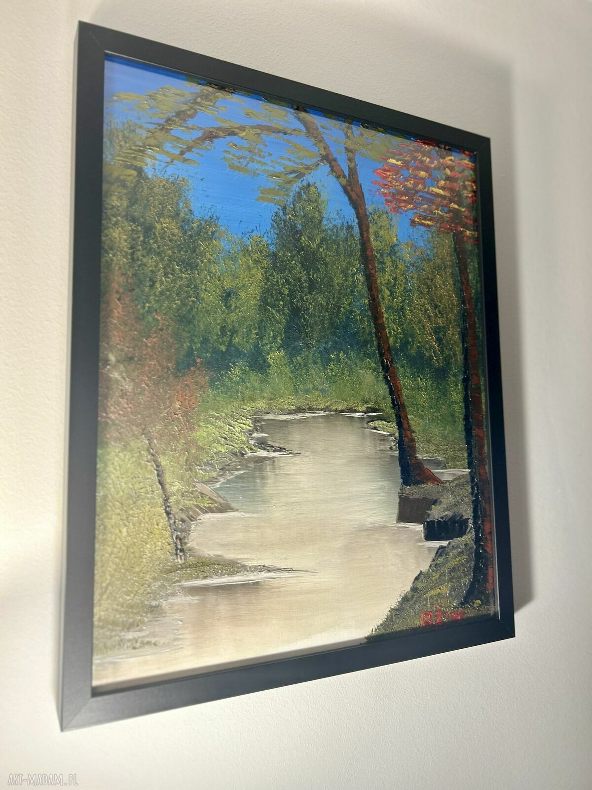 Oryginalny obraz olejny - jesienny pejzaż z rzeką 40x50 cm