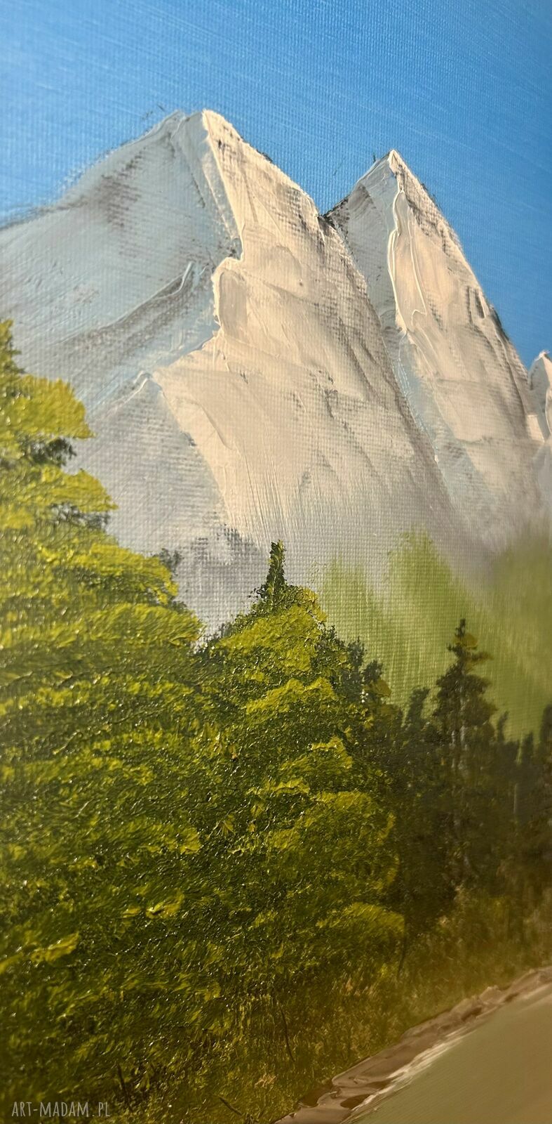 Ręcznie malowany obraz olejny - góry, las i jezioro 30x40 cm