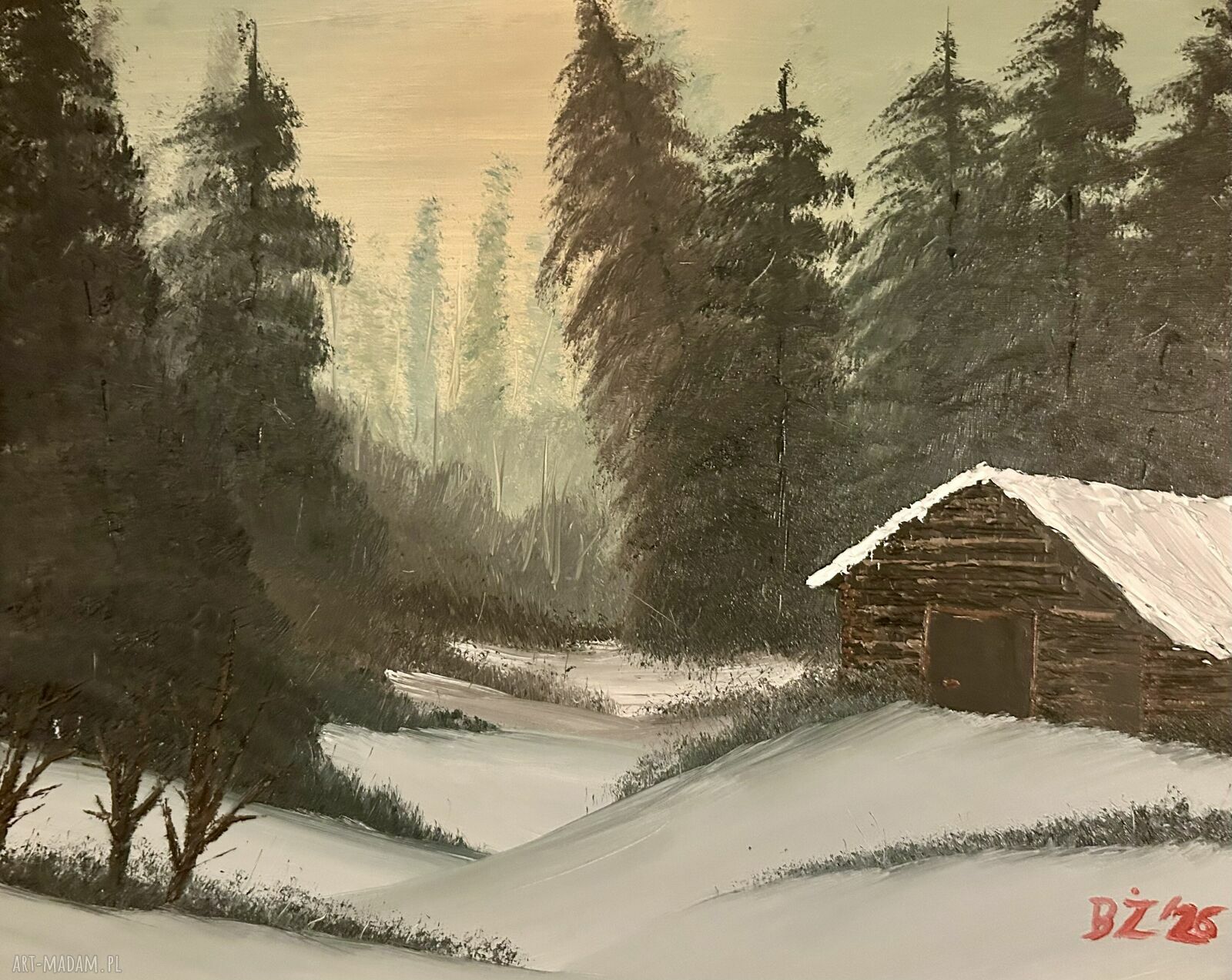 Oryginalny obraz olejny z zimową chatką w lesie - 40x50 cm
