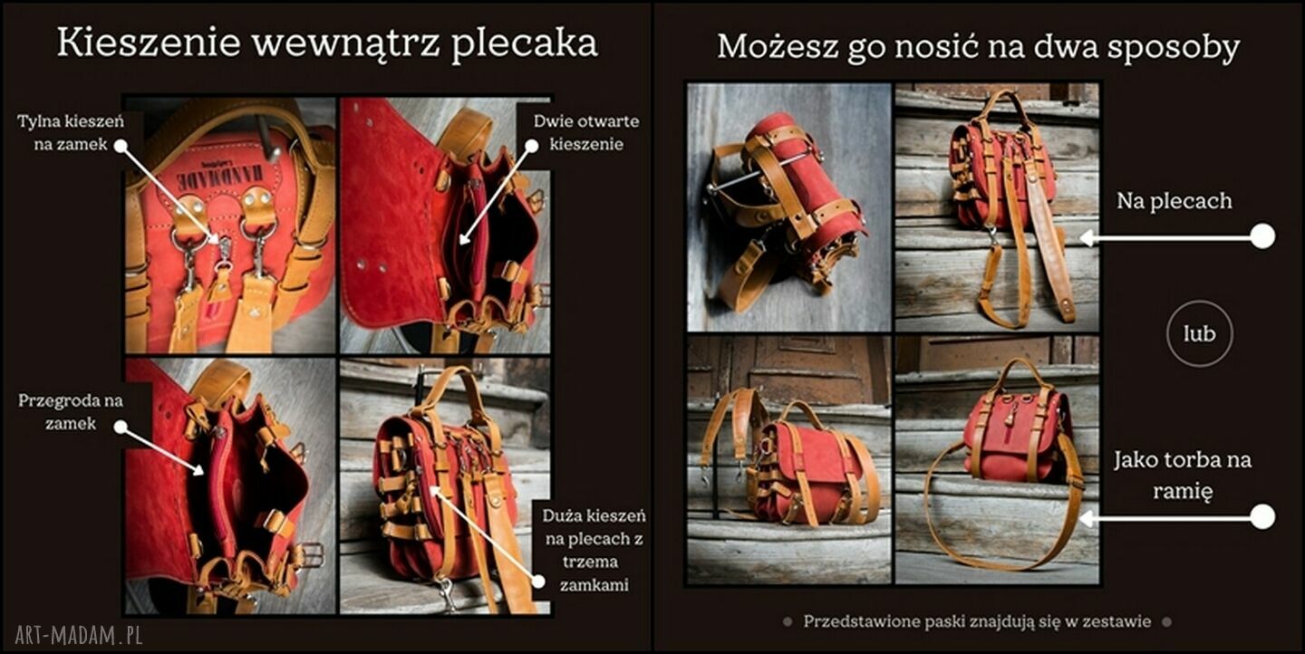 Czerwony oldschoolowy plecak skórzany z kieszenią na plecach 3 zamki