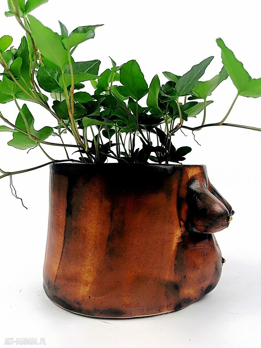 Osłonka ceramiczna - ręcznie wykonana doniczka antracyt i brąz (13 cm)