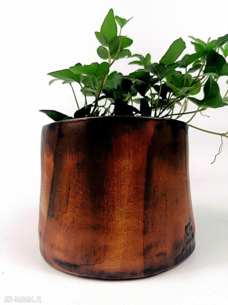 Osłonka ceramiczna - ręcznie wykonana doniczka antracyt i brąz (13 cm)