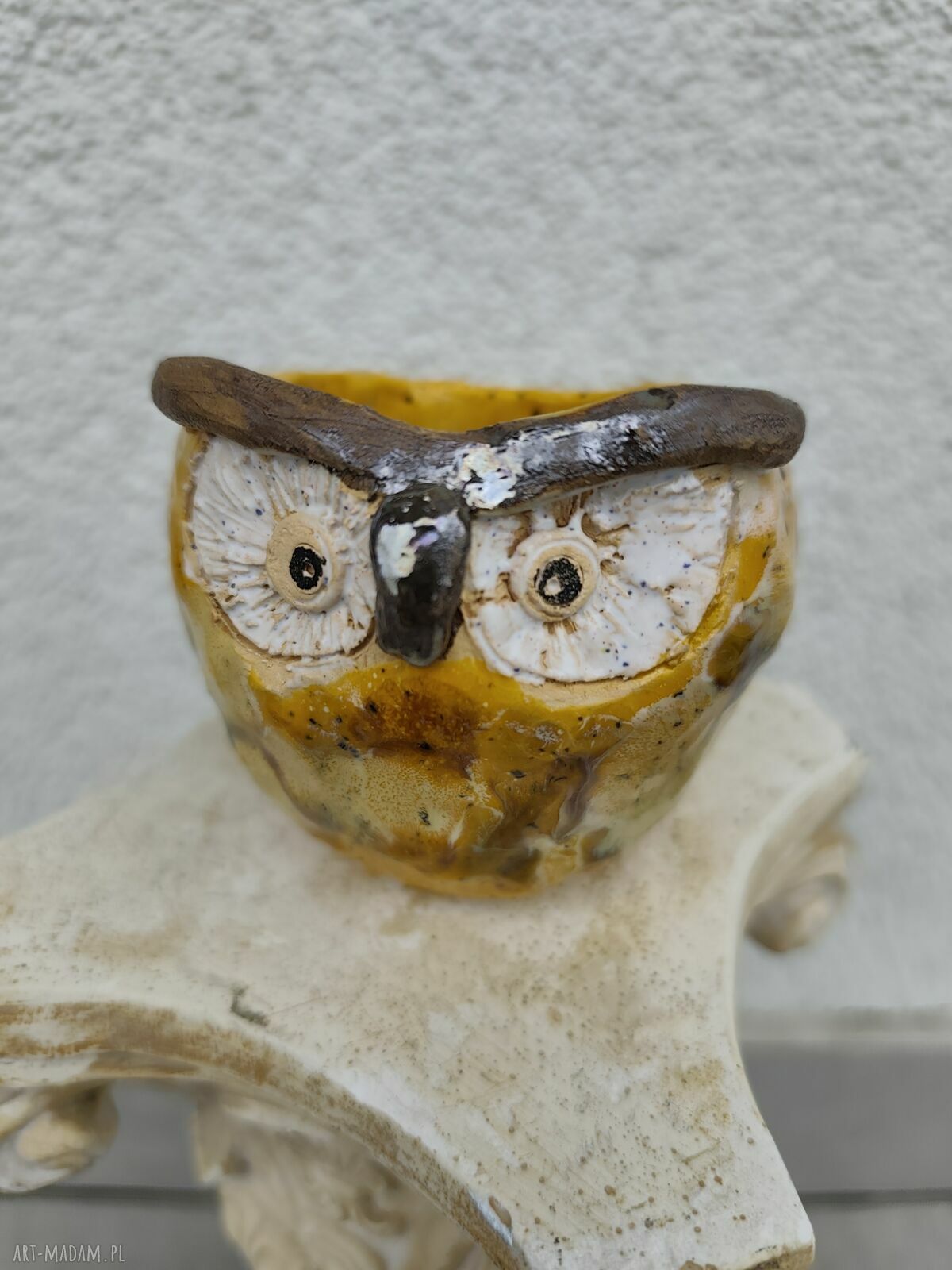 Osłonka do kwiatów Sowa z ceramiki - handmade do doniczek i ziół