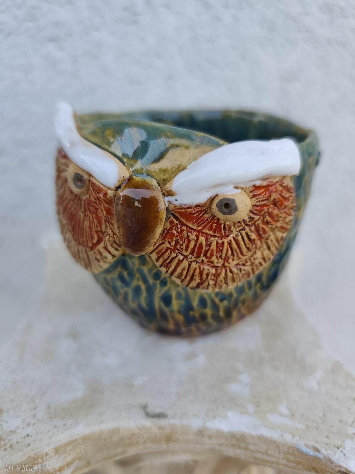 Osłonka do kwiatów Sowa z ceramiki - handmade do doniczek i ziół
