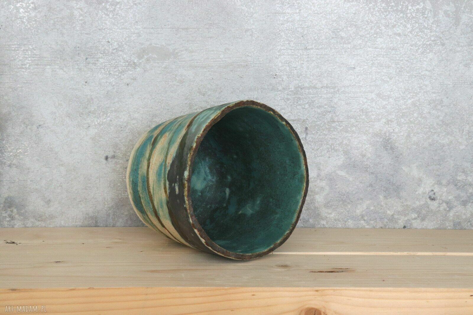 Osłonka na doniczkę z ceramiki handmade - turkusowo-brązowe szkliwienie (Ø11 cm)