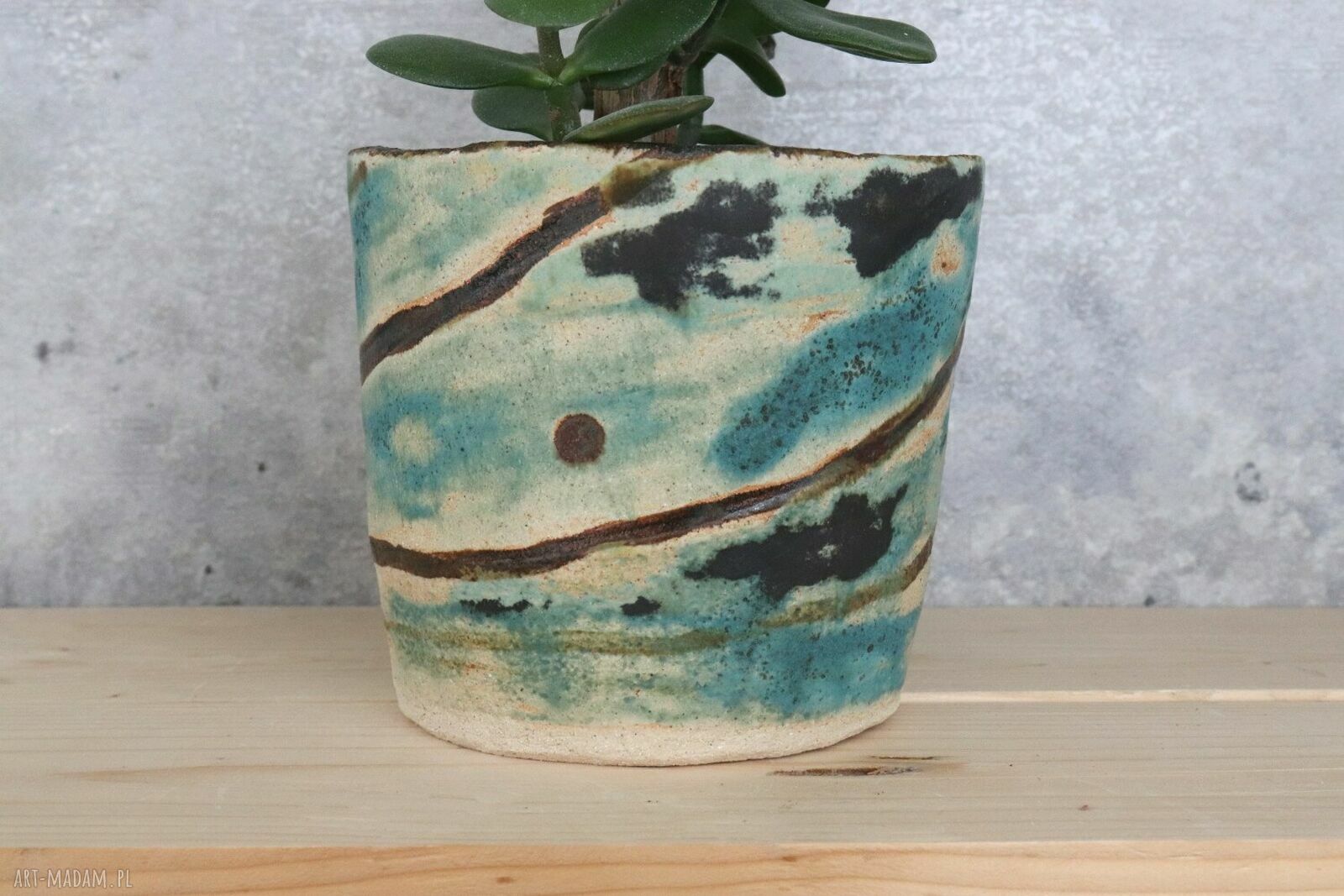 Osłonka na doniczkę z ceramiki handmade - turkusowo-brązowe szkliwienie (Ø11 cm)