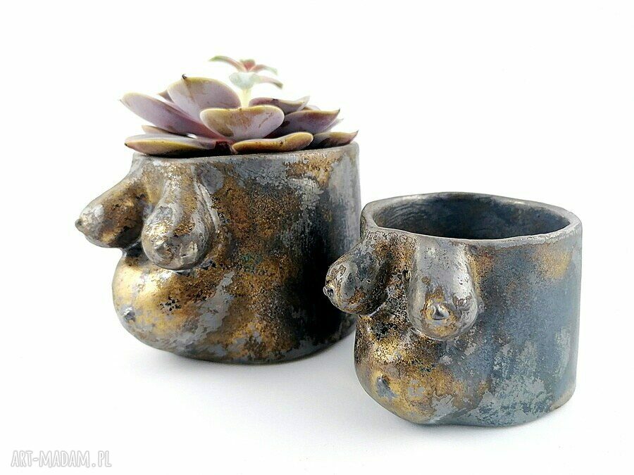 Osłonka na doniczkę - ceramika handmade w kolorze starego srebra