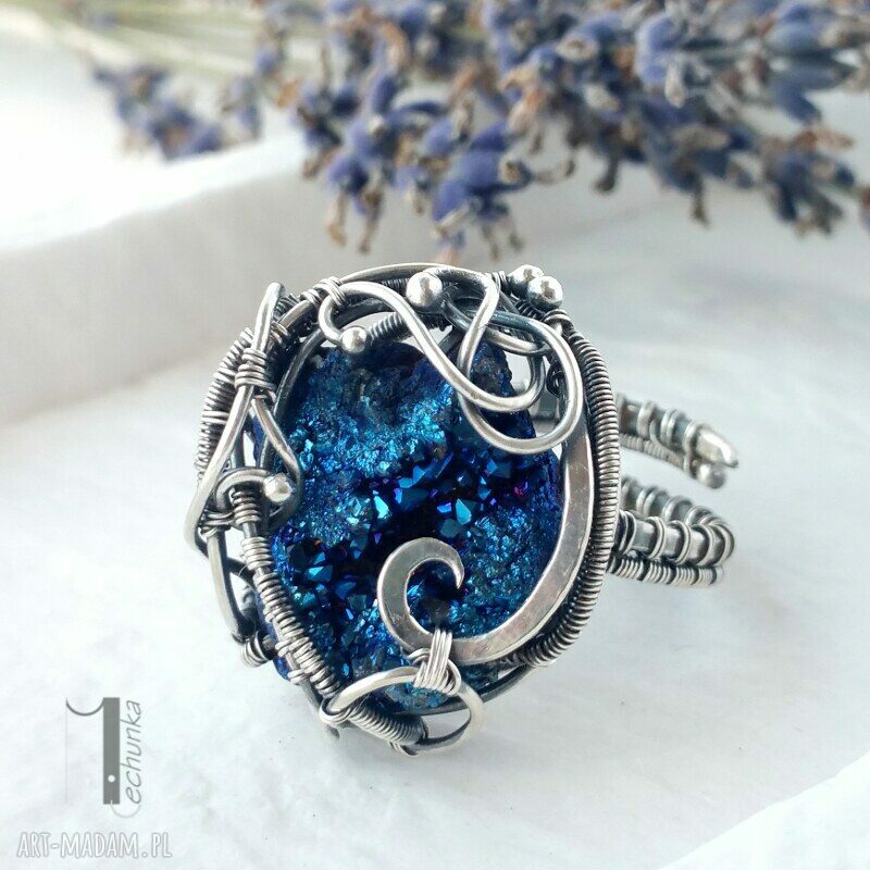 pierścionki: Osobliwość Blue Sky Rose srebrny pierścień z kwarcem tytanowym HandMade