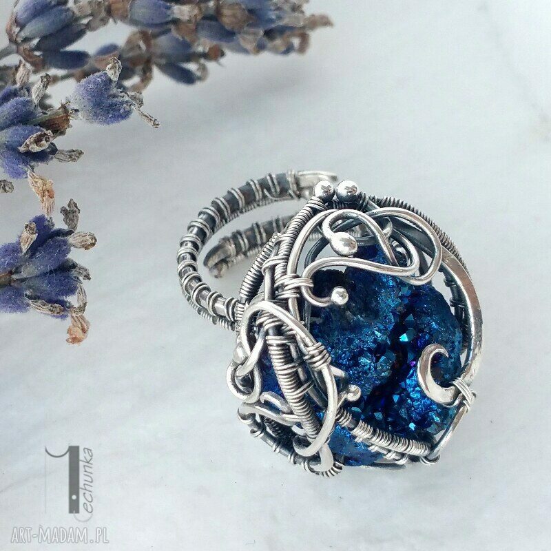 pierścionki: Osobliwość Blue Sky Rose srebrny pierścień z kwarcem tytanowym HandMade