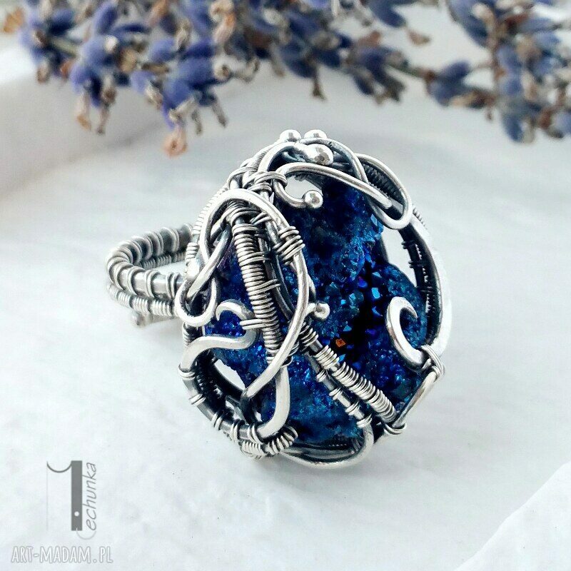 pierścionki: Osobliwość Blue Sky Rose srebrny pierścień z kwarcem tytanowym HandMade