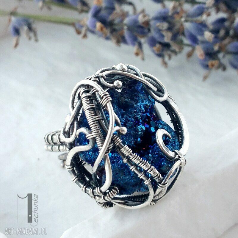 pierścionki: Osobliwość Blue Sky Rose srebrny pierścień z kwarcem tytanowym HandMade