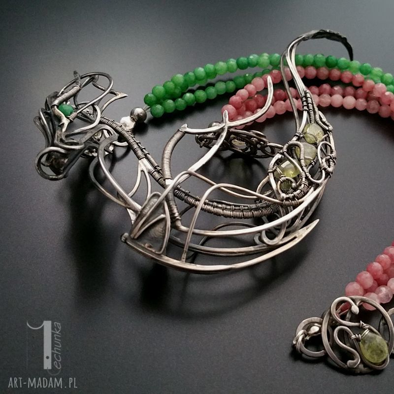 Otohime - srebrny naszyjnik z jadeitami i zielonymi granatami - wire wrapping