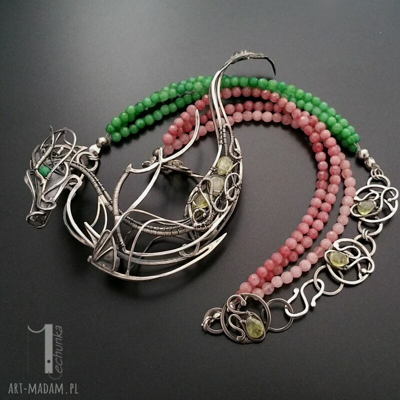 Otohime srebrny naszyjnik wire wrapping z granatami w orientalnym stylu