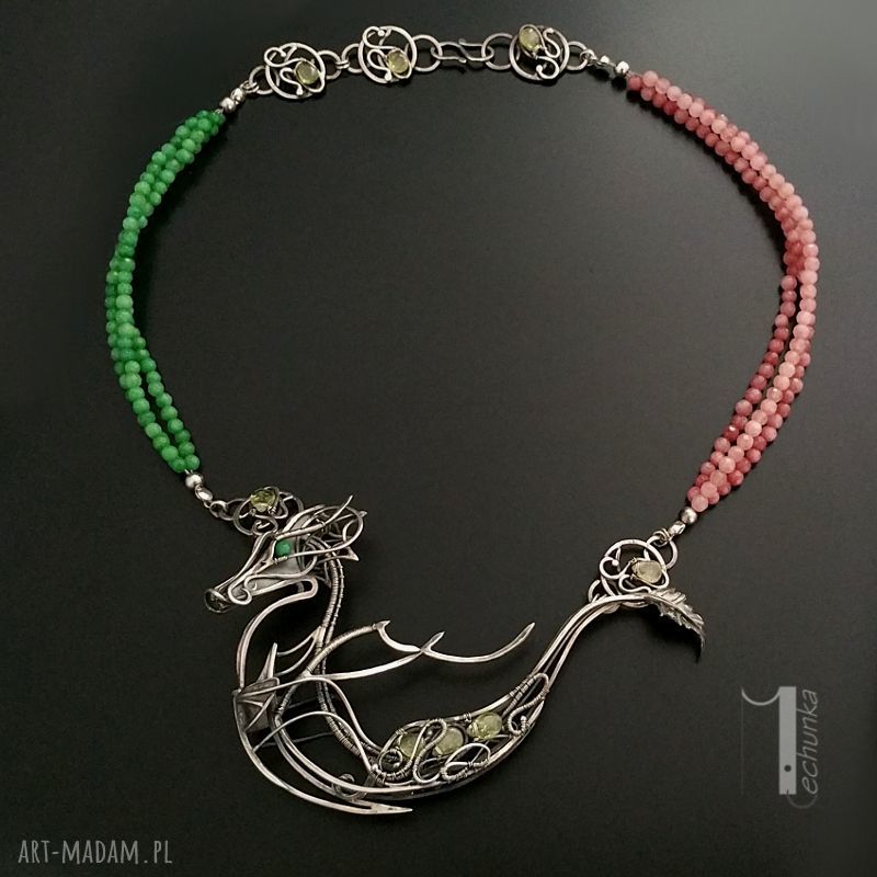 Otohime srebrny naszyjnik wire wrapping z granatami w orientalnym stylu