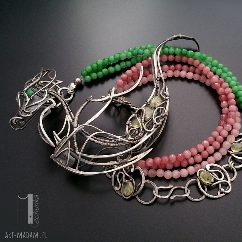 Otohime srebrny naszyjnik wire wrapping z granatami w orientalnym stylu